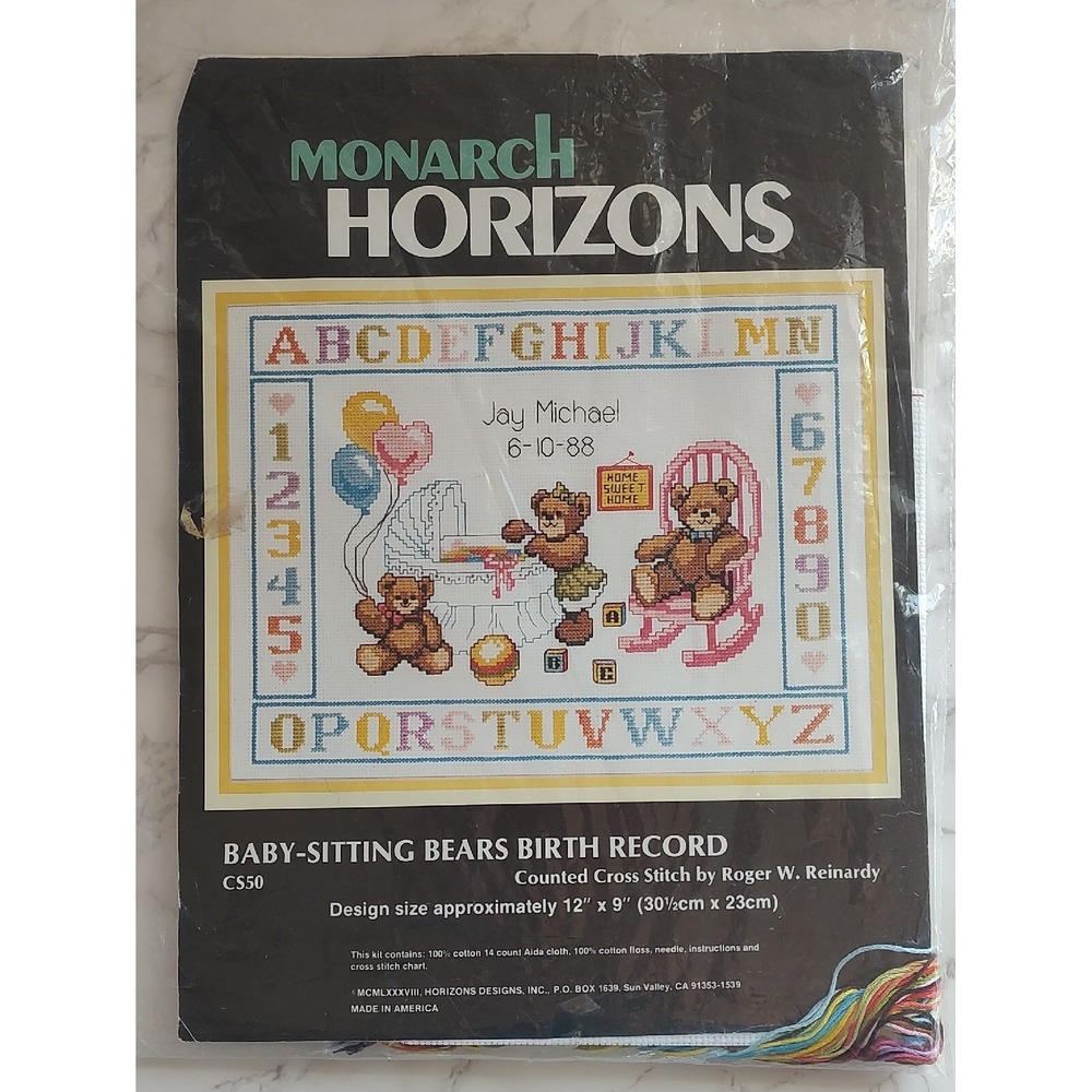 Monarch Horizons Counted Cross Stitch Kit Baby-Sitting Bears Birth Record A14